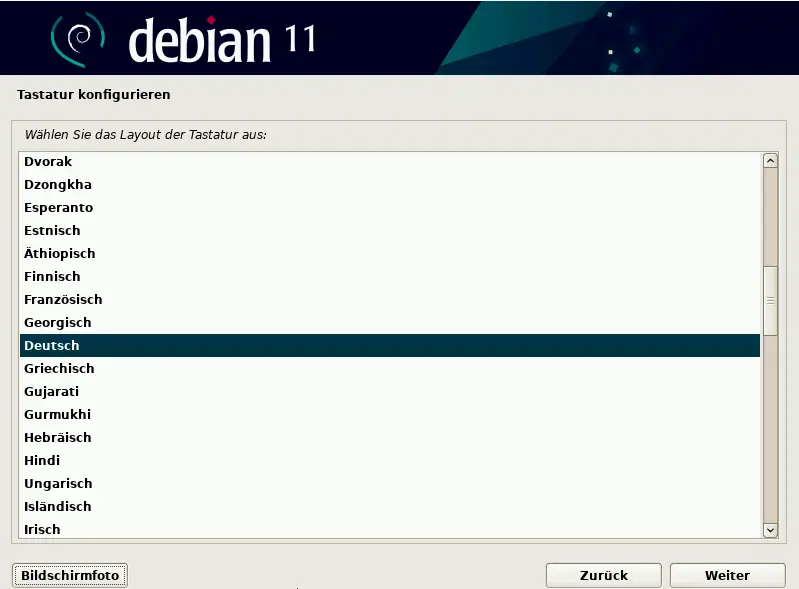 Bild: Liste mit Sprachen für die Tastaturbelegung.