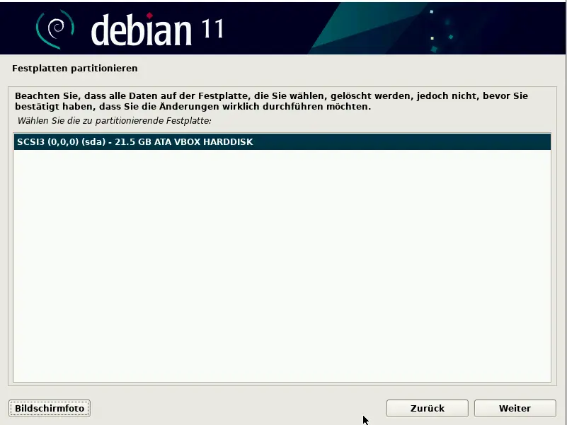 Bild: Liste mit Festplatten, nur ein Eintrag.
