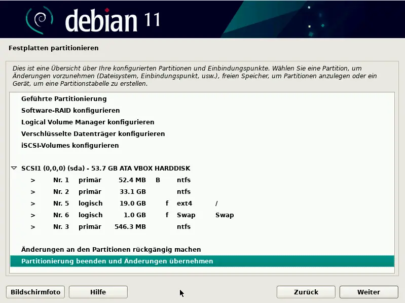 Bild: Liste mit Partitionen und Übernahmemöglichkeite.