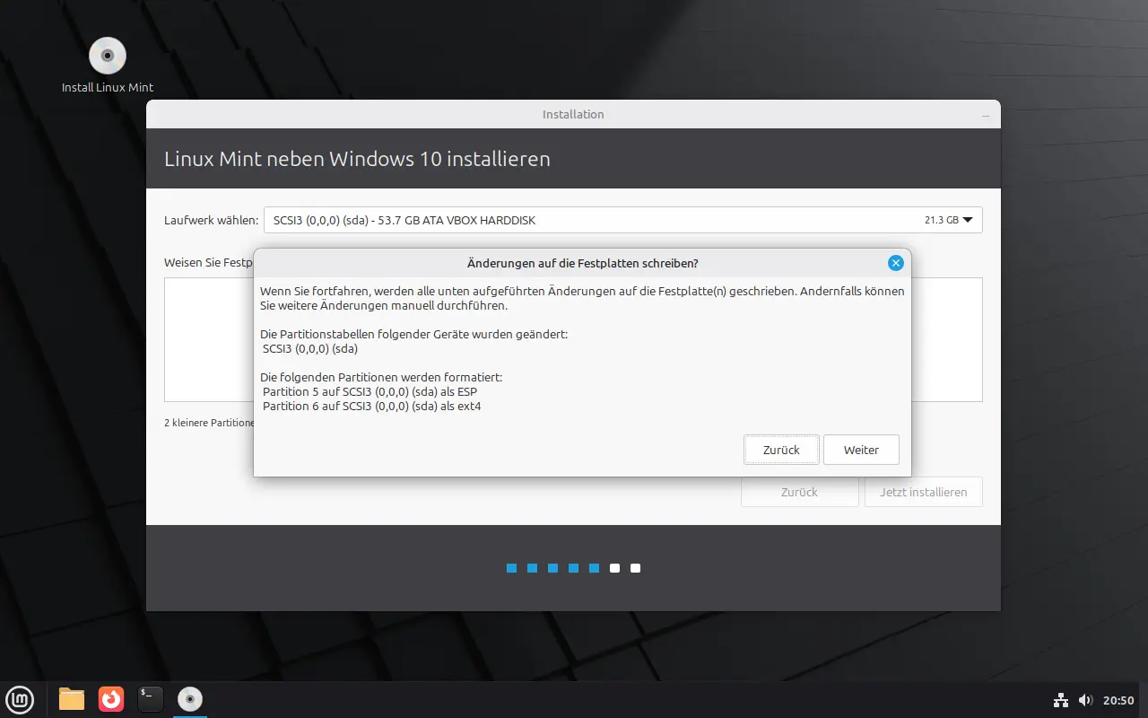 Bild: PopUp Fenster mit Warnung vor Festschreibung der Partitionstabelle.