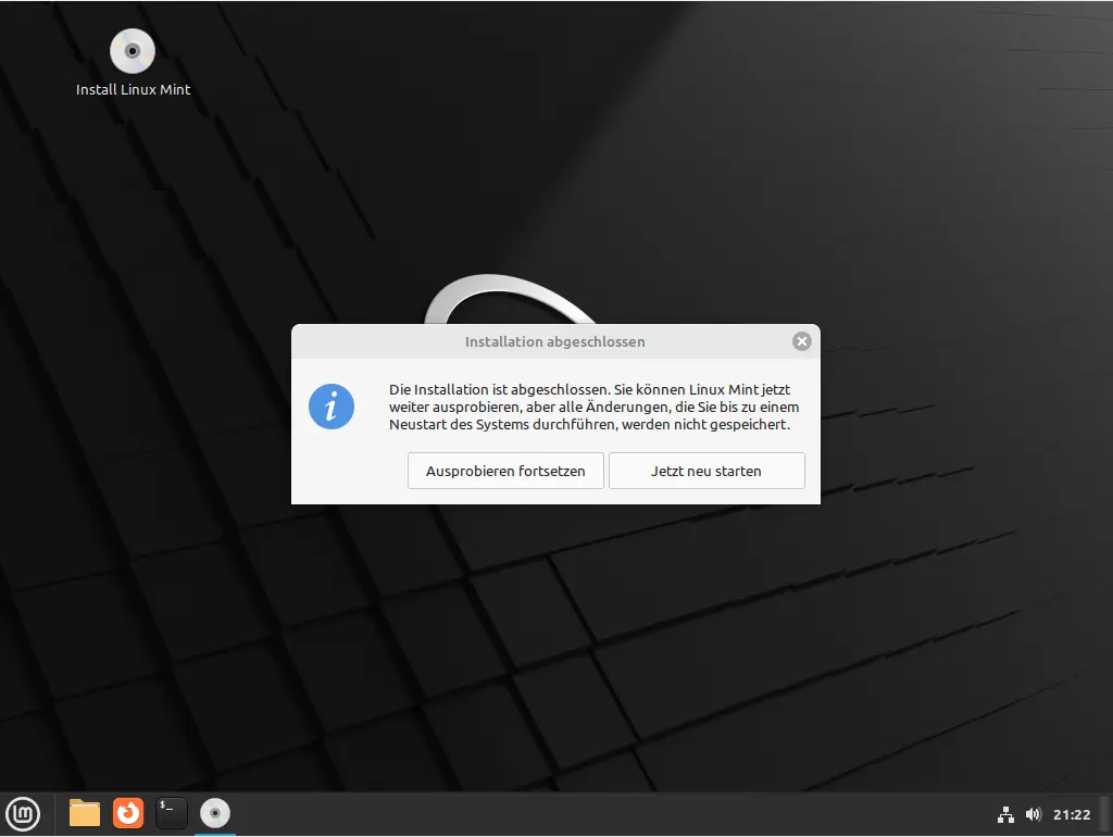 Bild: Ende der Installation und Reboot Knopf.