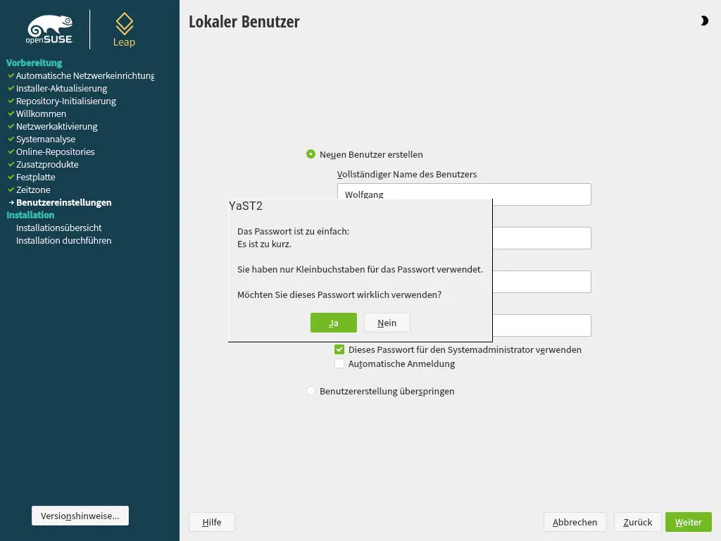 Bild: Warnmeldung wenn Passwort zu kurz