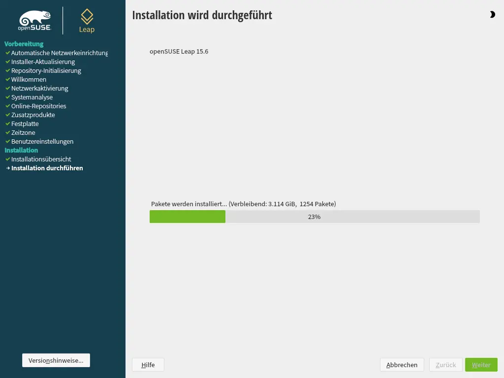 Bild: Bildschirm mit Fortschritt der Installation