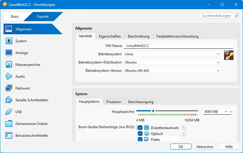 Bild: Ändern Dialog für eine VM (Expert).