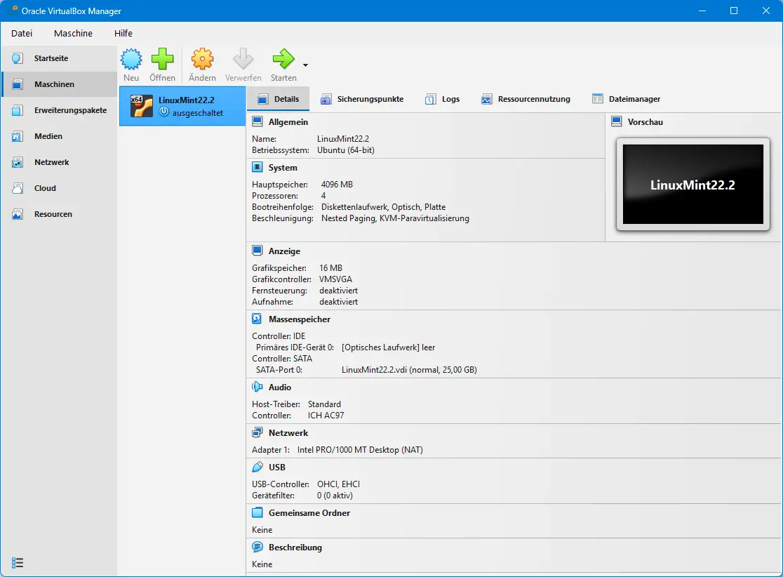 Bild: VirtualBox GUI mit neuer VM auf der linken Seite.